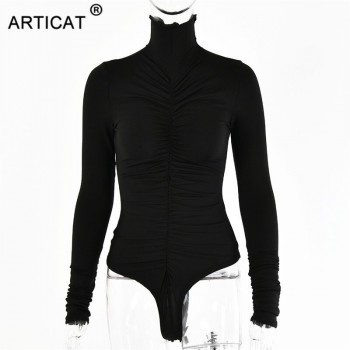  Turtleneck Ruched Bodysuit For Women Solid Long Sleeve Bodycon Jumpsuit Ladies Autumn Streetwear Sporty Silm Rompers
